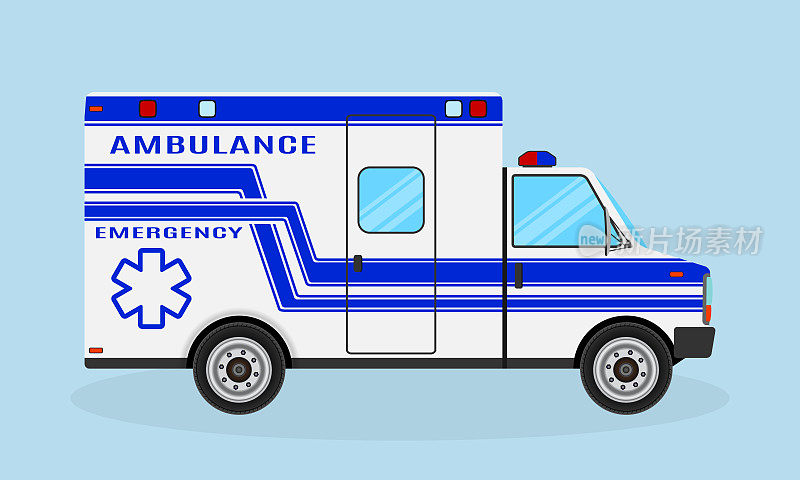救护车的车。紧急医疗服务车。蓝色的医院交通工具
