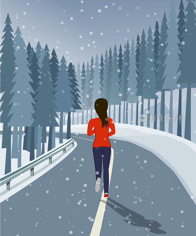 女人跑在被森林和雪包围的路上