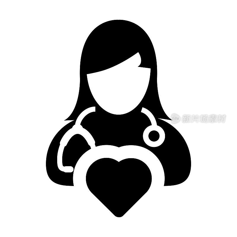 医生图标向量心脏病专家专家与心脏符号的女性医生的档案头像在象形图