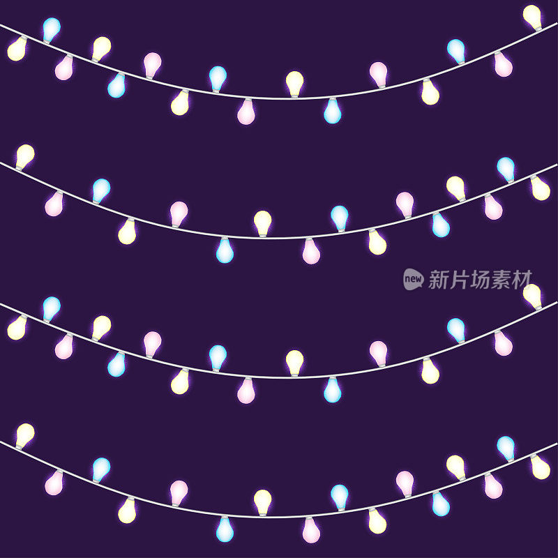 一组重叠的发光的弦灯。圣诞节的灯。花环,圣诞装饰品。发光的灯为派对，节日，新年，生日或贺卡设计。模板或模拟