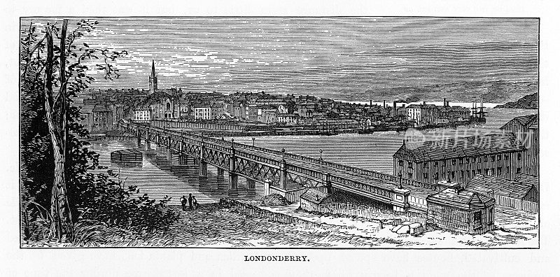伦敦德里，德里，多尼戈尔，北爱尔兰，维多利亚版画，1840年