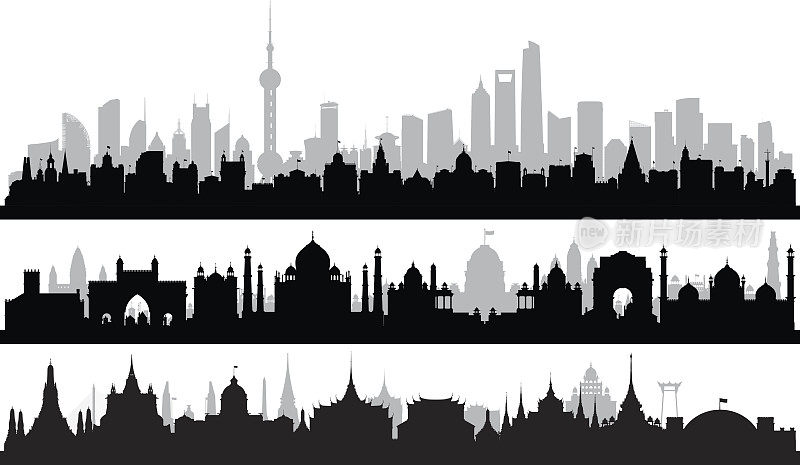 上海、德里和曼谷(每座建筑都是完整的，可移动的)