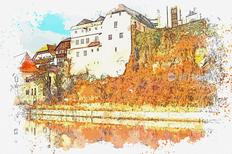 捷克克鲁姆洛夫传统建筑的水彩素描或插图。
