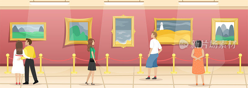 美术博物馆与游客。大厅里挂着镀金长棍画，用栅栏隔开。古典艺术。