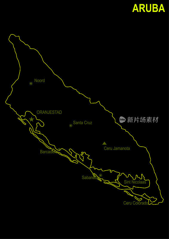 黑色背景下的阿鲁巴霓虹灯地图