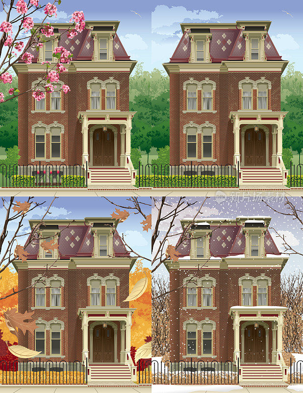 维多利亚房子在四季矢量插图