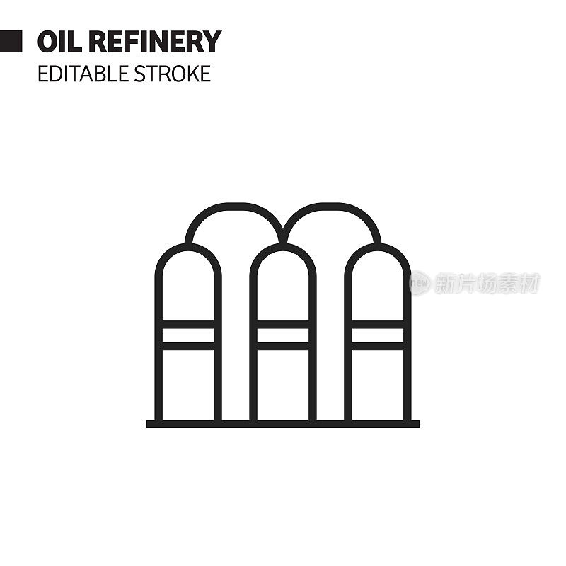 炼油厂线图标，轮廓向量符号插图。完美像素，可编辑的描边。