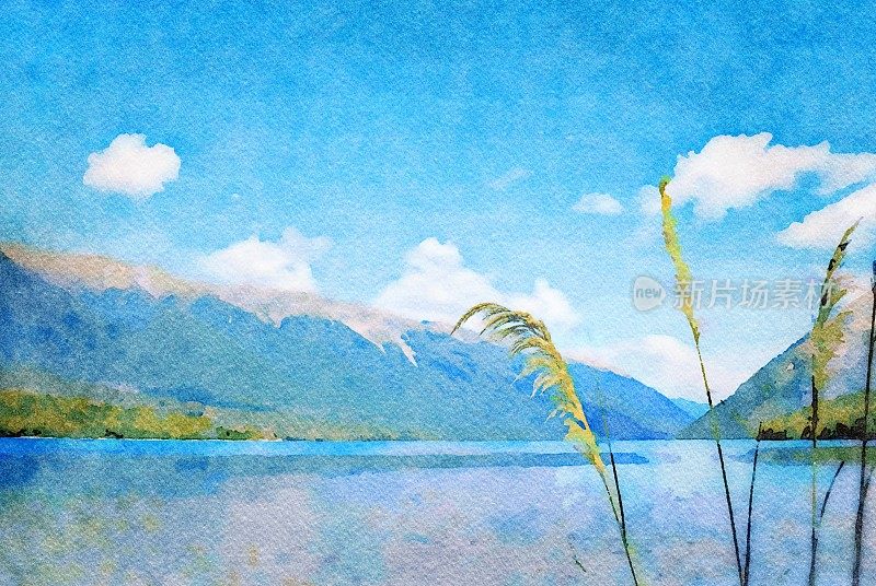 在纳尔逊湖国家公园罗托鲁阿湖水彩画