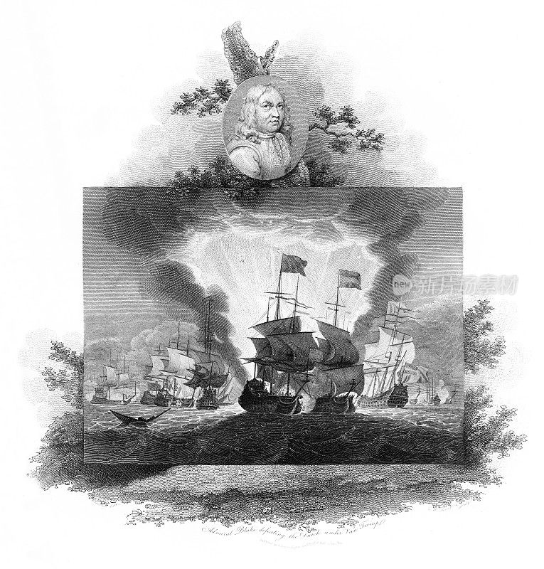 英国皇家海军击败荷兰舰队，英国维多利亚时代版画，1806年