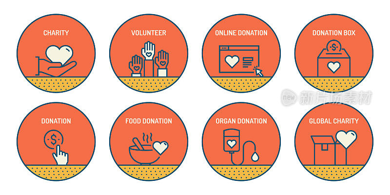 一套慈善和捐赠相关线图标。简单的轮廓图标。