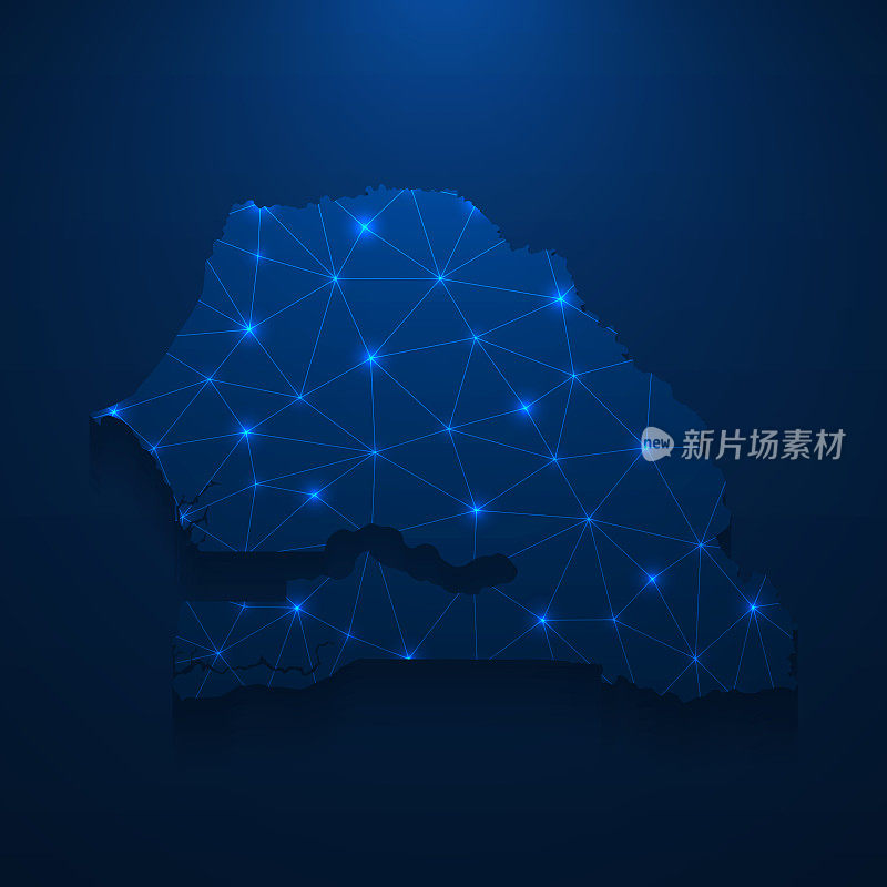 塞内加尔地图网络-明亮的网格在深蓝色的背景