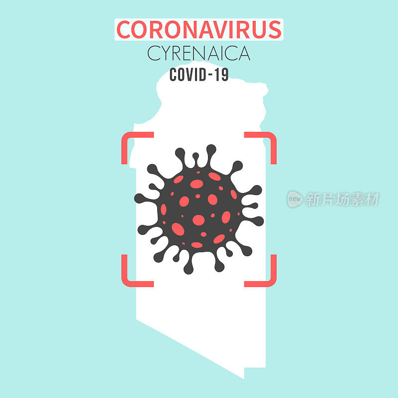 昔兰尼加地图，红色取景器中有冠状病毒细胞(COVID-19)