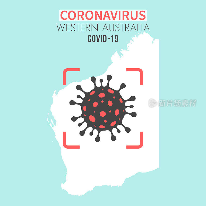 西澳大利亚地图，红色取景器中有冠状病毒细胞(COVID-19)