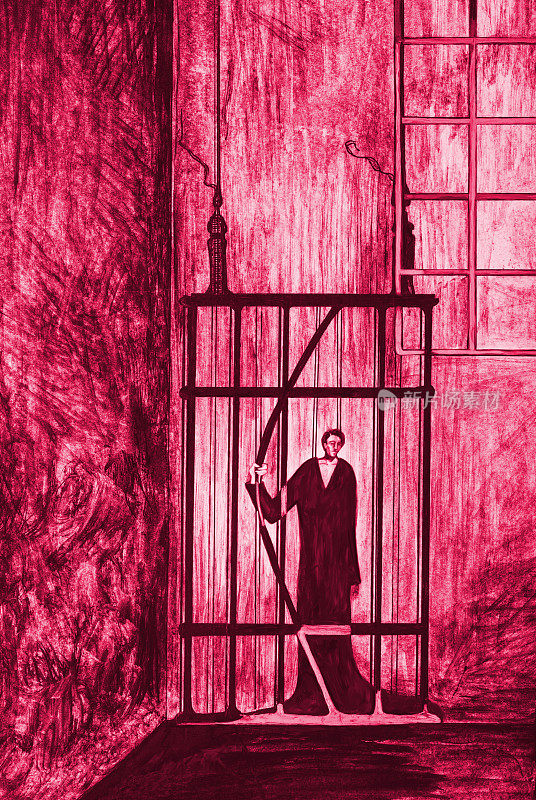 这是一幅红色水彩的现代艺术作品，寓意着自由，是一个被囚禁在监狱牢房里的男人的垂直肖像，他试图逃离监狱，以监狱的铁栏和墙壁为背景，用紧张的红色色调建造