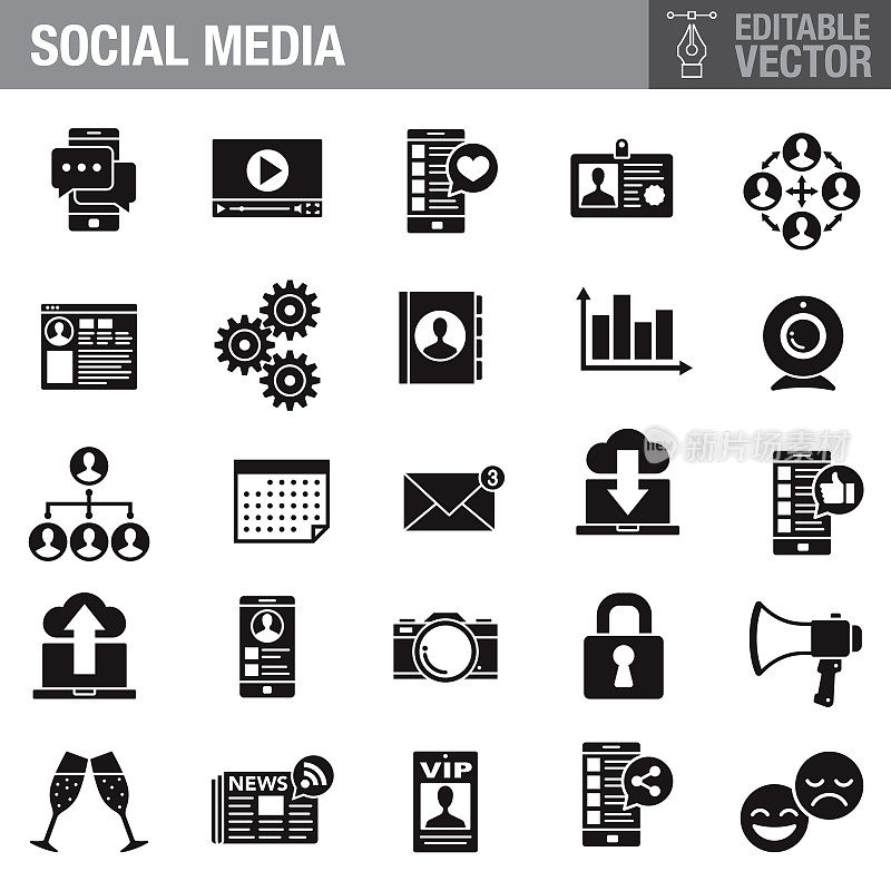 社交媒体黑色字形图标集