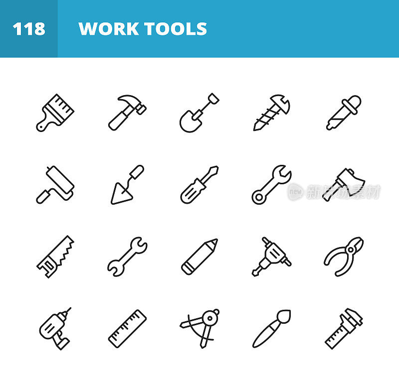 工作工具线图标。可编辑的中风。像素完美。移动和网络。包含如扳手，锯，工作工具，螺丝刀，螺丝，油漆刷，铲，链锯，尺，斧头，锤子，钻，尺，设备，铅笔，锯，手锯，油漆滚轮。