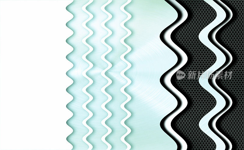 浅蓝色拉丝金属板，白色曲线和黑色金属格栅。未来的技术背景。