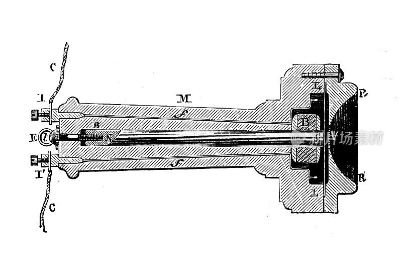 科学发现，实验和发明的古董插图:电话，麦克风，发射机