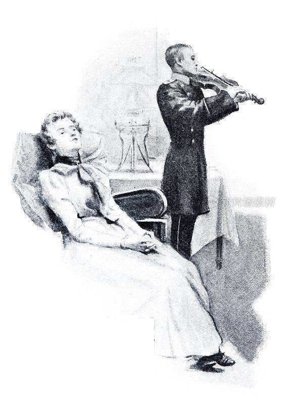 男人拉小提琴，女人坐在扶手椅上闭着眼睛听