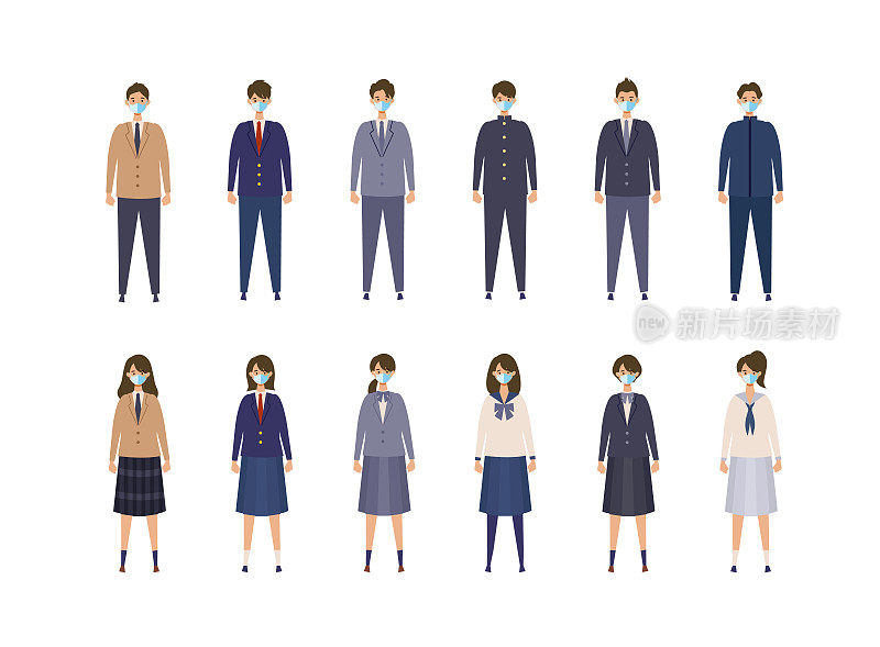 一群来自日本高中和初中的蒙面学生。矢量插图的男孩和女孩在不同的颜色制服。
