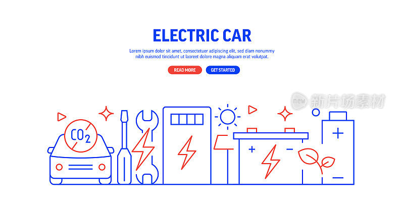 电动汽车相关的网页横幅线条风格。现代线性设计矢量插图的网站横幅，网站标题等。