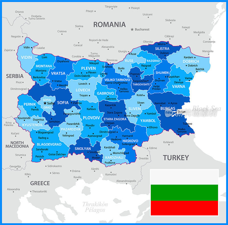 保加利亚国旗地图。矢量蓝色插图与地区和首都城市