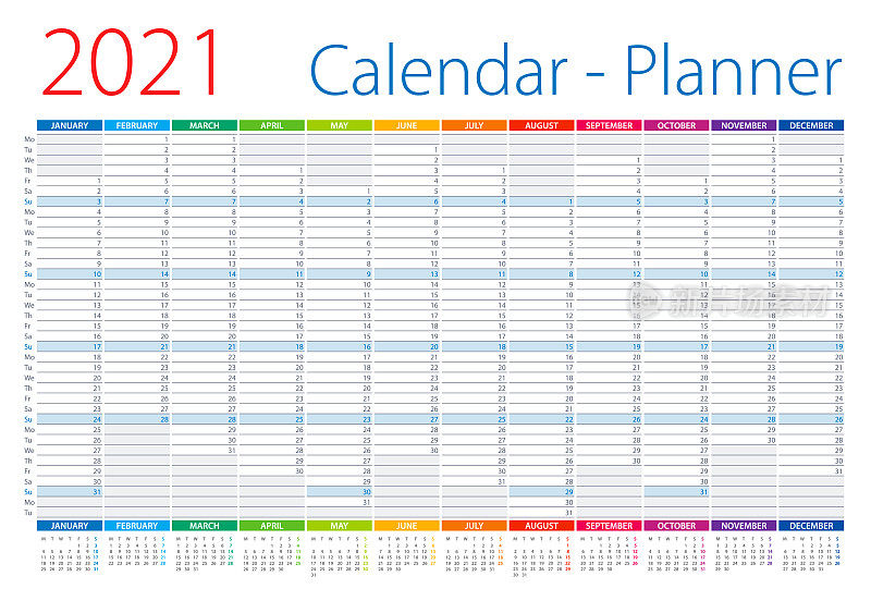 2021年日历计划。矢量插图。