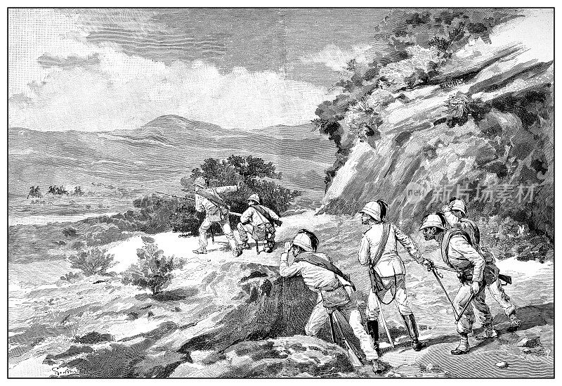 第一次意大利-埃塞俄比亚战争(1895-1896)的古董插图:Bersaglieri军队