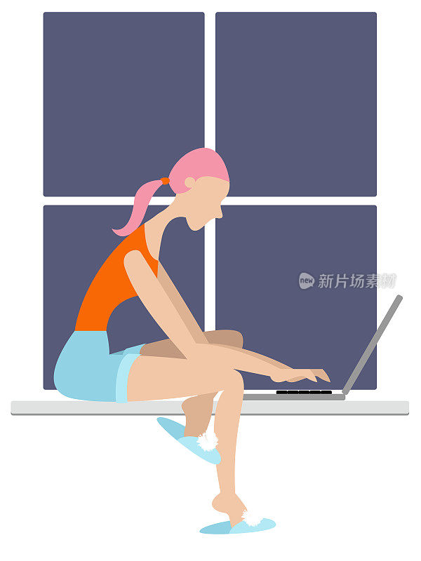 一名女子穿着t恤、短裤和拖鞋坐在窗台上，用笔记本电脑工作