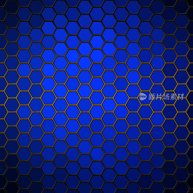 蓝色辉光后面的六边形图案。蜂窝图案与单独照明的形状。梯度。