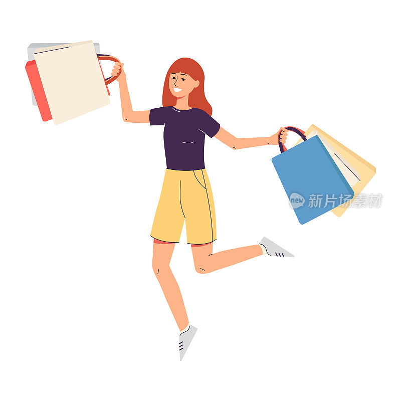 快乐的购物者女人与许多购物袋后的销售和折扣矢量插图