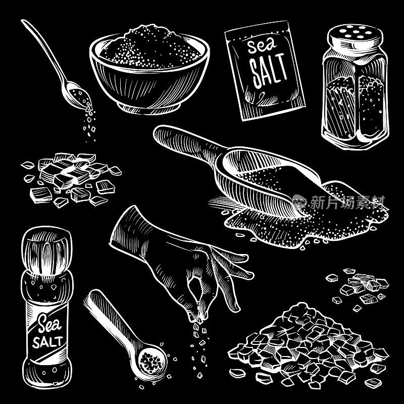 海盐。手绘香料收藏，盐晶体，瓶与粉，盐瓶与喜马拉雅盐，白色烹饪原料在黑板，粉笔画矢量插图