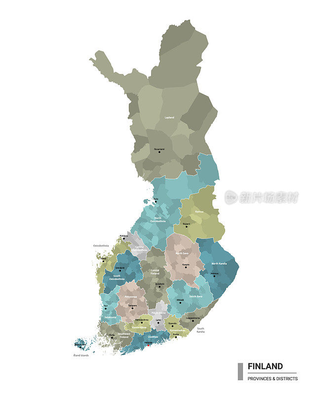 芬兰高详细地图与细分。芬兰行政地图与地区和城市名称，颜色由州和行政区域。矢量插图。