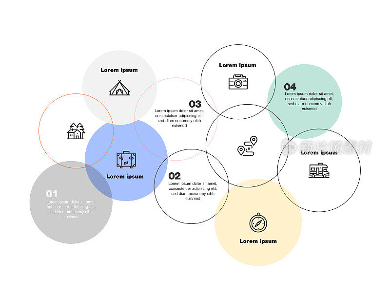信息图表设计模板。山小屋，帐篷，手提箱，摄影，路线，大篷车，指南针图标与6个选项或步骤。