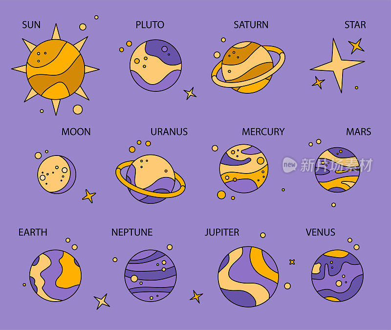 太阳系行星在宇宙中，矢量信息图表。行星和恒星，用于天文学研究的图标。月球，太阳，火星，金星。占星家的插图。