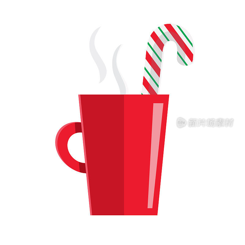 圣诞扁平设计图标红色马克杯与糖果甘蔗饮料