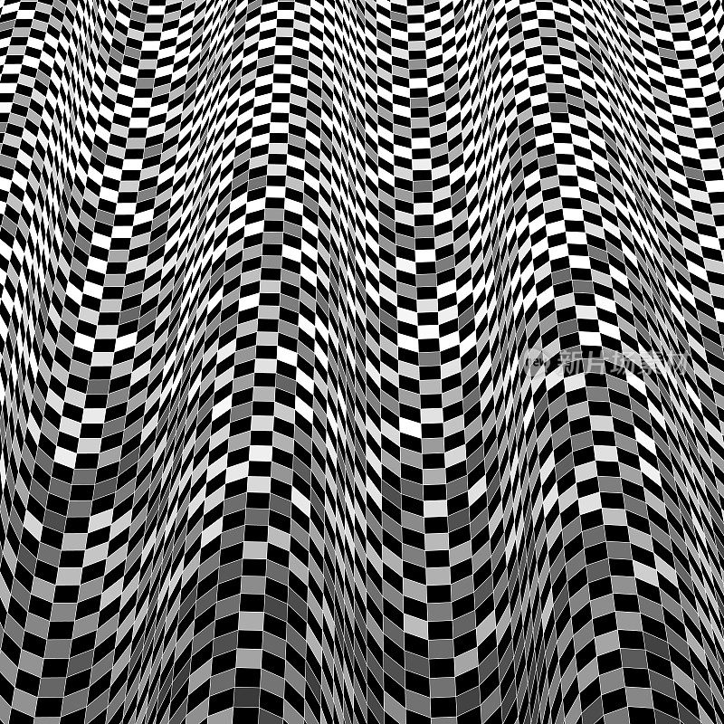 三维表面的格子水平波的扭曲方块，与透视