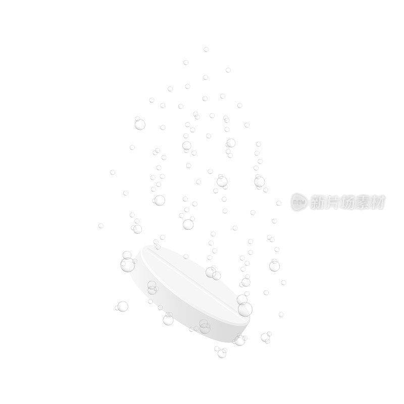 起泡可溶性片剂，含水下气泡，在白色背景上分离。溶于水的药丸。向量现实的例子