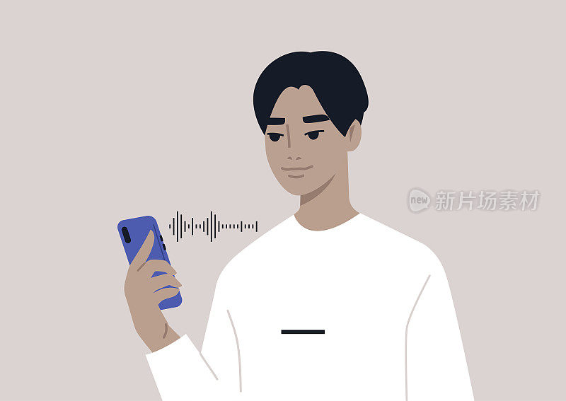 一个年轻的亚洲男性角色正在用手机听语音信息，z一代的生活方式