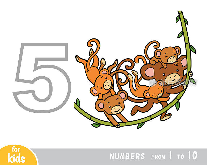 关于数字的儿童教育海报。第五位，五只猴子。向量的卡通插图