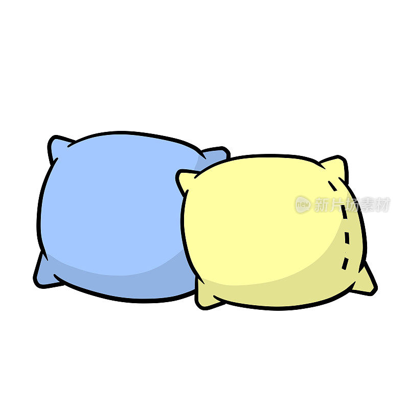 的枕头。大大小小的物体。卡通平面插图。蓝色和黄色的软垫。卧室和床的睡眠元素