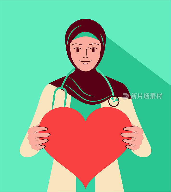 一位美丽而自信的年轻穆斯林女医生(护士、保健工作者)，戴着听诊器，手持心形标志