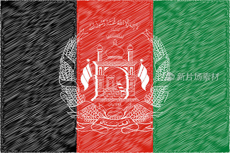 阿富汗国旗原大小和颜色刷矢量插图，阿富汗伊斯兰共和国国旗国徽，阿富汗盾徽，国旗落喀布尔