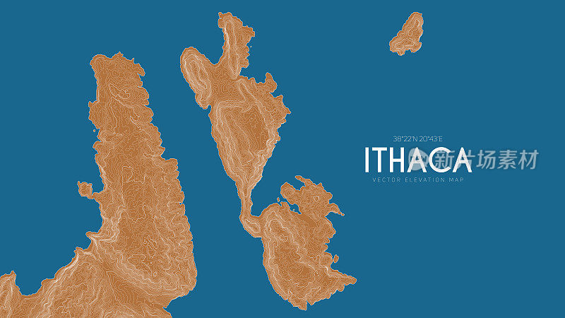希腊伊萨卡地形图。矢量详细高程地图的岛屿。地理优美的景观轮廓海报。