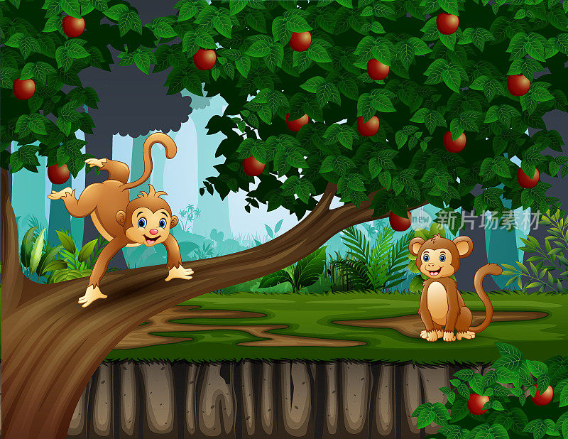 森林场景与猴子在苹果树上的插图