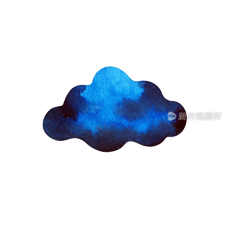 蓝色黑色乌云天空艺术水彩画插画设计绘画自然天气图标标志标志符号在白色背景下雨多云