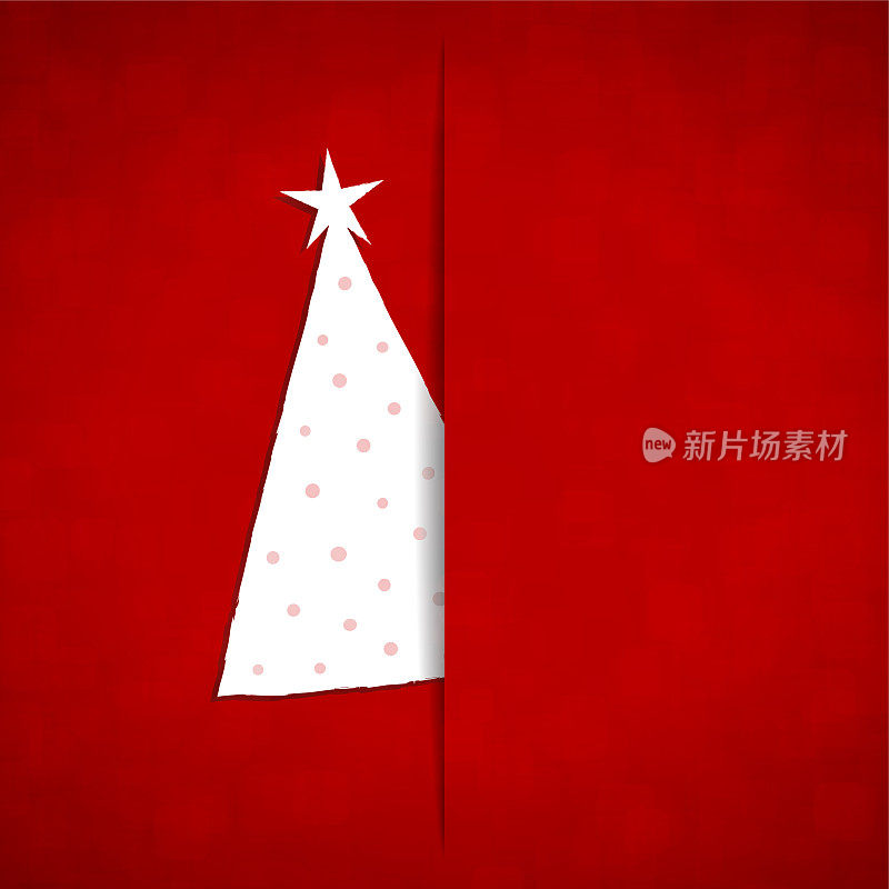 一个创造性的空白正方形矢量插图，部分可见的白色圣诞树与点点图案，滑进一个狭缝在明亮的红色圣诞节背景与复制空间