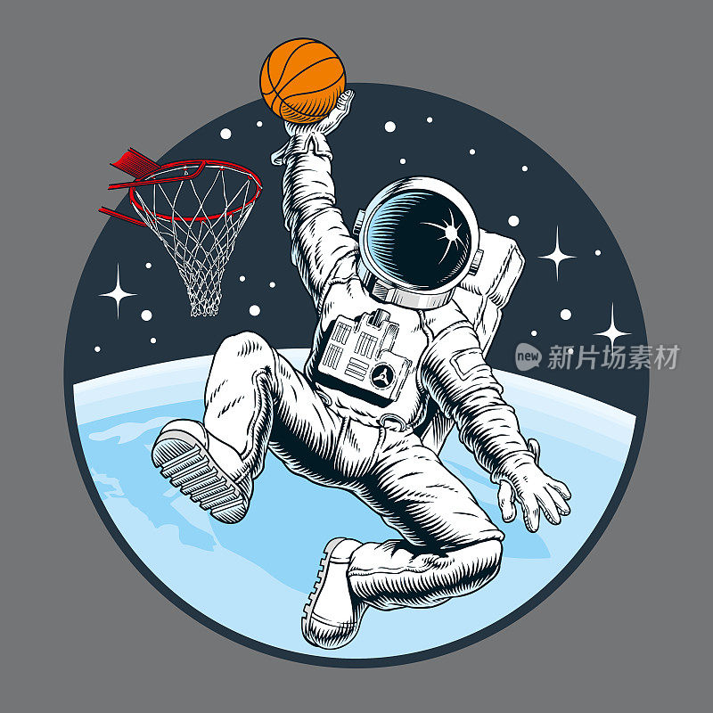 宇航员在外太空打篮球。扣篮。矢量插图。