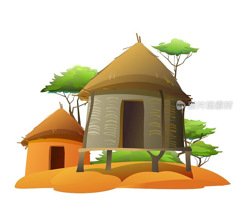 非洲的村庄。小屋从编织的树枝。用粘土和稻草建造的农舍。孤立的白色背景。非洲景观。金合欢树。向量
