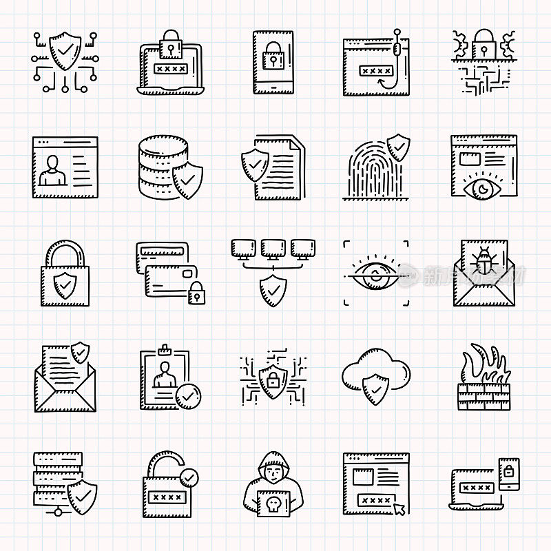 数据安全手绘图标集，涂鸦风格矢量插图